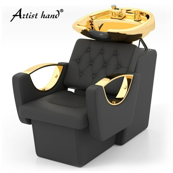 Artist Hand Shampoo Station Backwash Chair Ceramic Hair Shampoo Bowl for Spa Beauty Salon (Black, Gold)