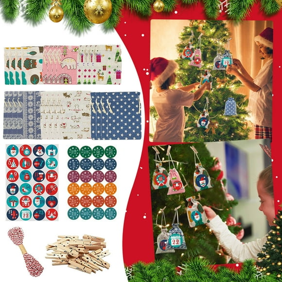 Costwax Christmas Countdown Calendar Bag Christmas Drawstring Gift Bag Hanging Christmas Calendar Candy 24PC Bag Set