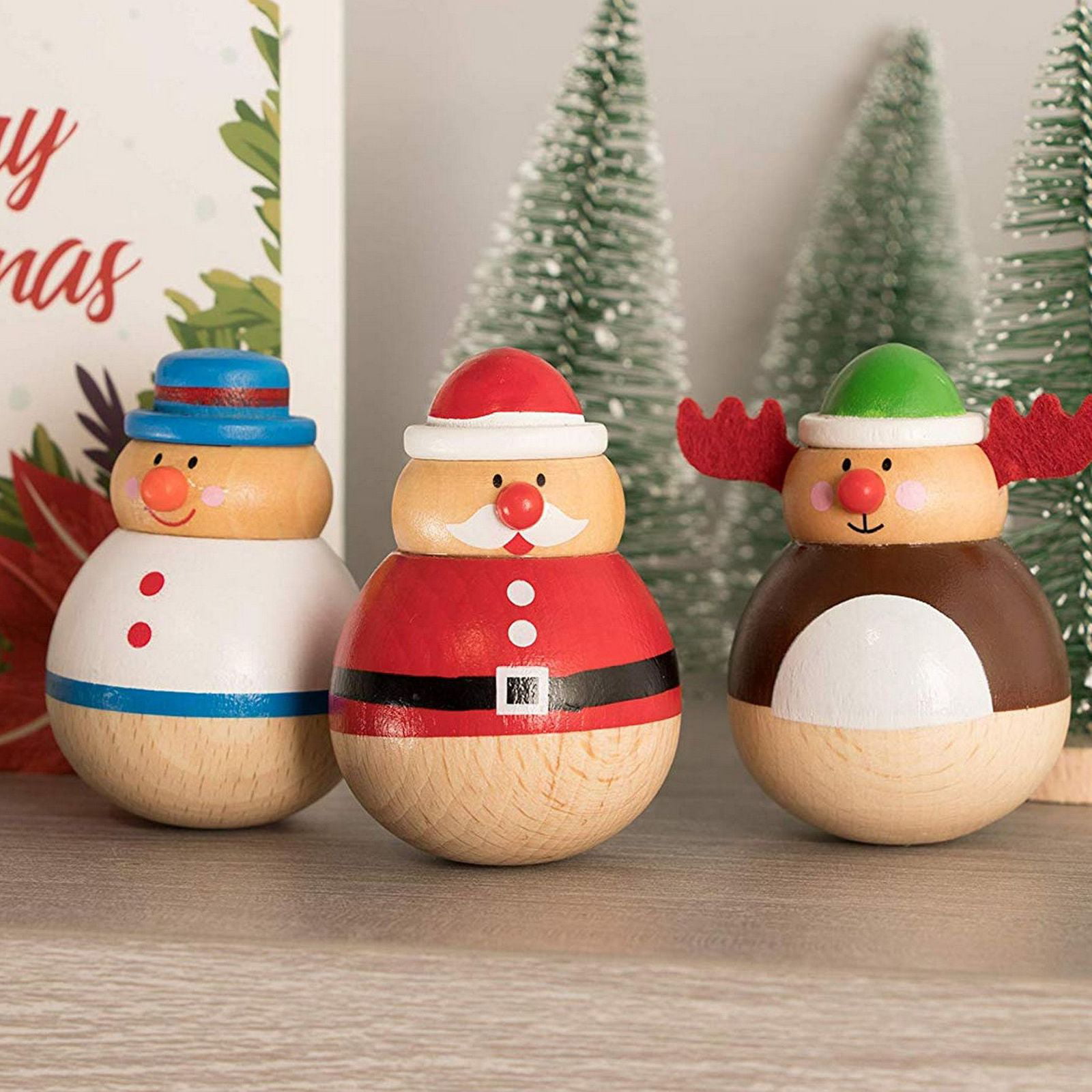 Snowman Reindeer Santa Design Christmas Roly Poly Toy 3-Pack Wooden Tumbler Doll Figurines Home Holiday Doll Decoration Desk Top Table 1.64 x 1.64 x 2.3 Inches Office