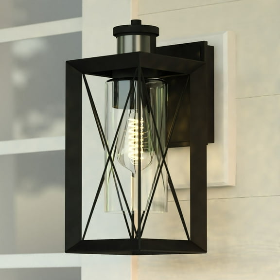 Milton Matte Black Motion Sensor Dusk to Dawn Outdoor Wall Light Transitional Clear Glass