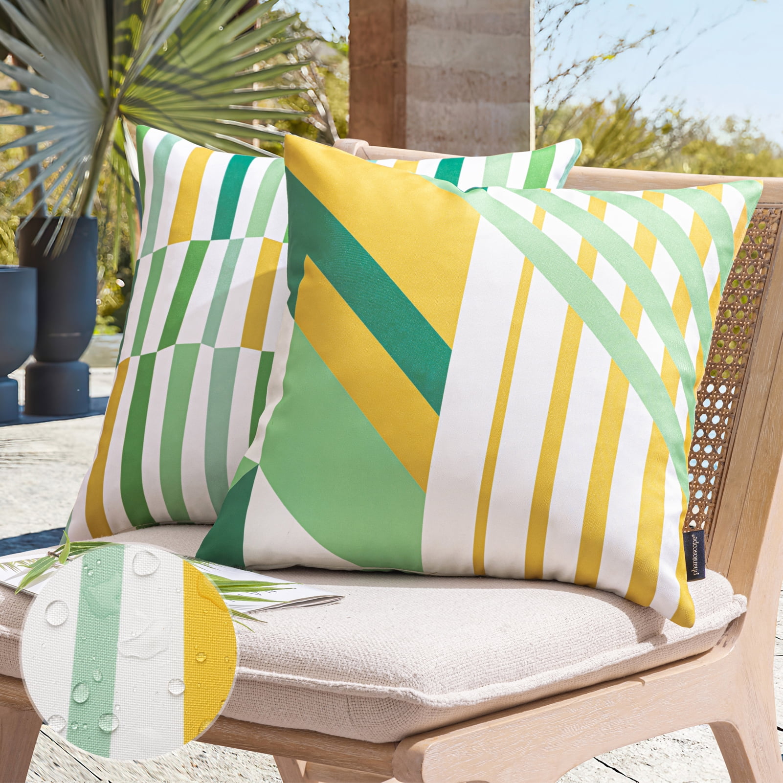 Phantoscope 2 Pack Waterproof Outdoor Decorative Throw Pillow 18x18, Geometric Color Block Patio Cushion Cases for Couch & Tent, Yellow & Green