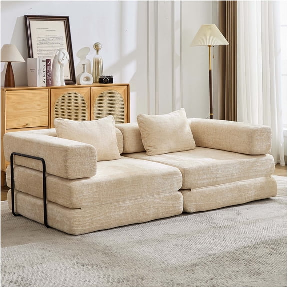 Convertible Floor Sofa Bed, Foldable Loveseat Sleeper with Fixed Frame, No Assembly Chenille Fabric Couch for Living Room or Bedroom, Beige