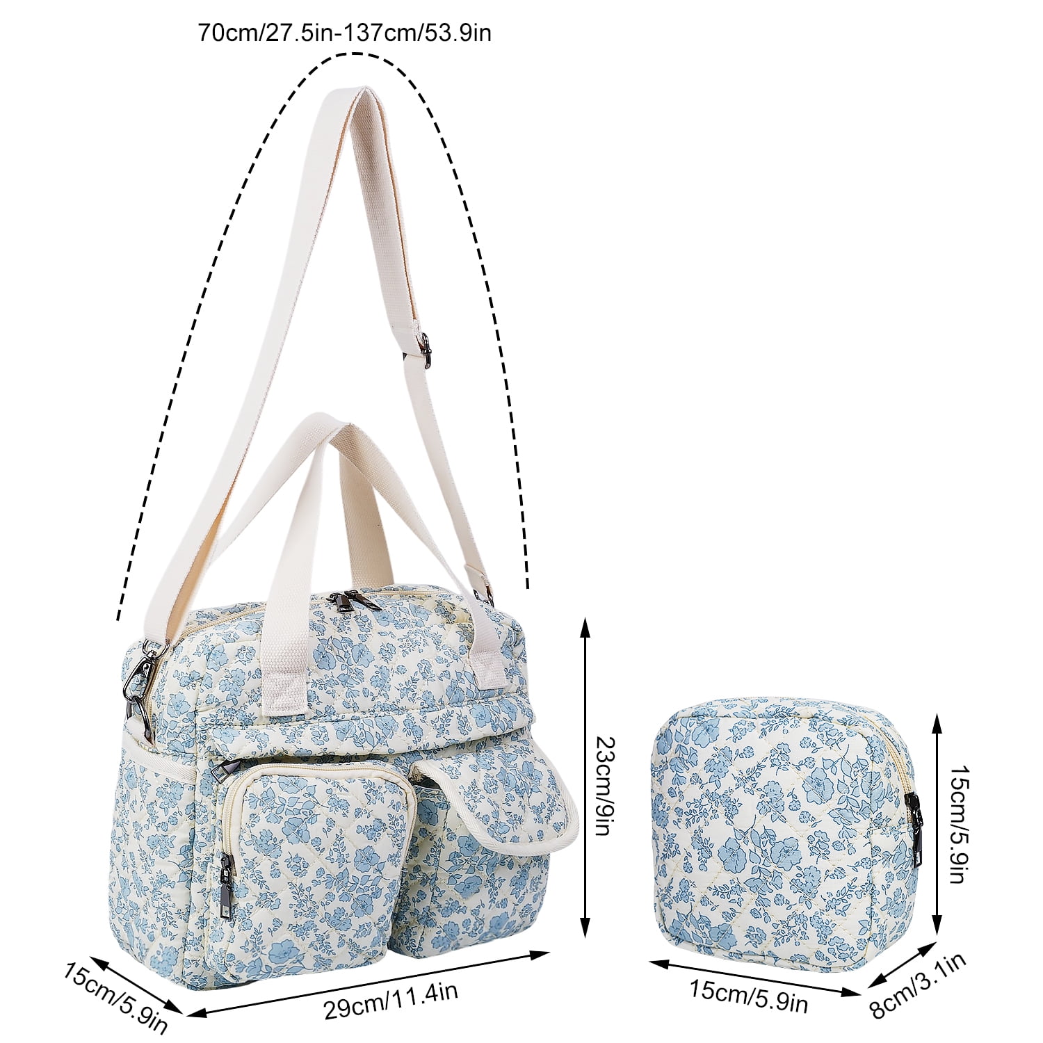 Small Floral Quilted Tote Bag 2-Pack for Women: Multi-Pocket Crossbody & Shoulder Bag for Everyday Use