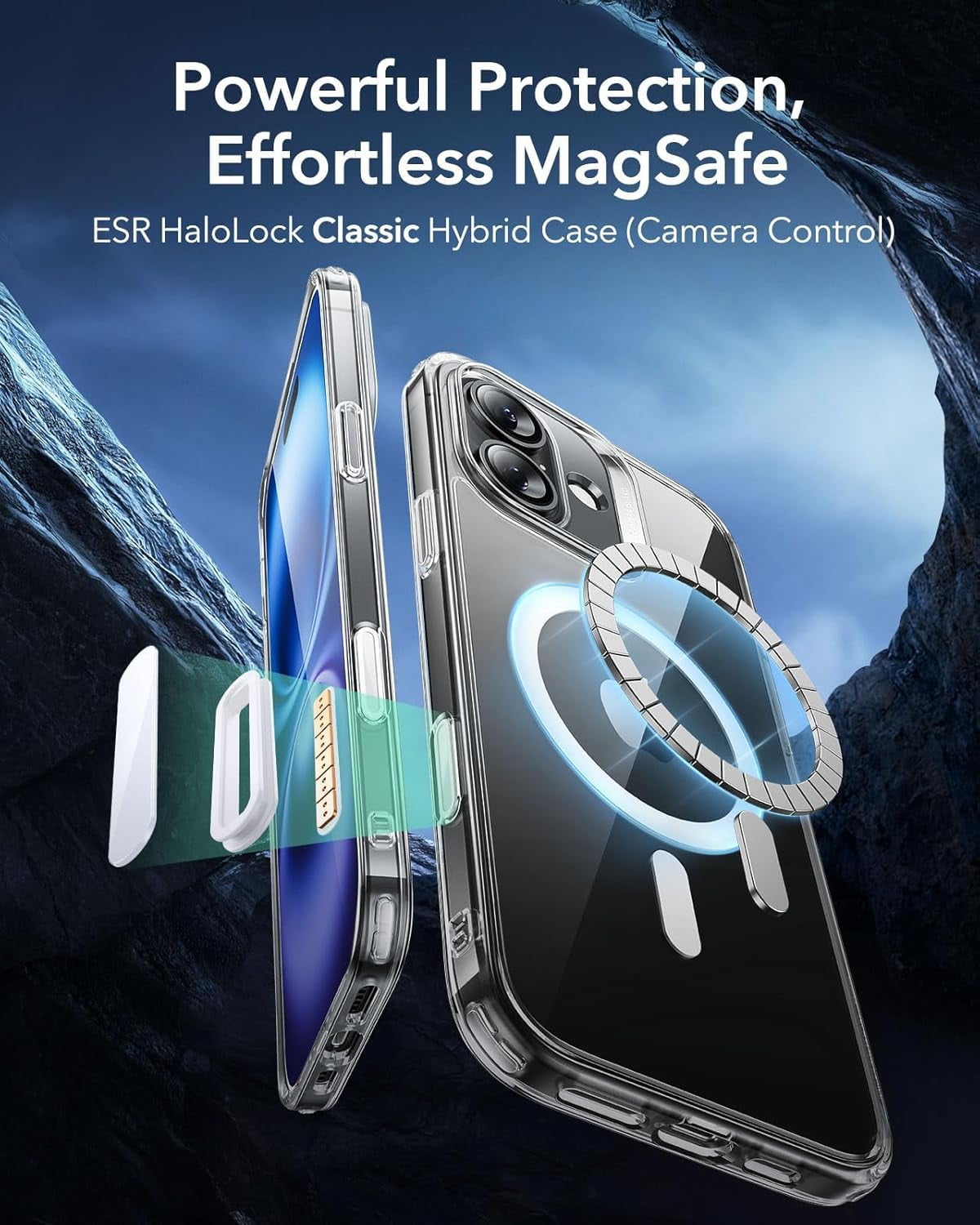 CRKMGS-for iPhone 16 Case, Camera Control, Compatible with MagSafe, Shockproof Military-Grade Protection, Magnetic Phone Case for iPhone 16, Classic Hybrid Case (HaloLock), Clear