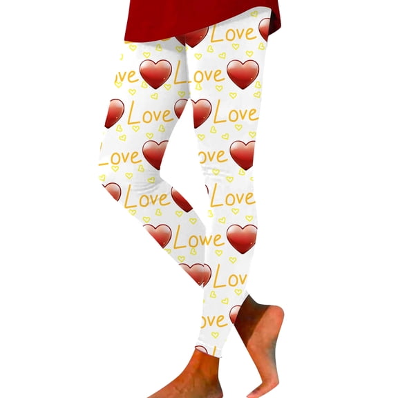Womens Valentine's Day Leggings High Waisted Stretchy Love Heart Printed Tight Pants Athletic Running Slim Leg Workout Yoga Pants