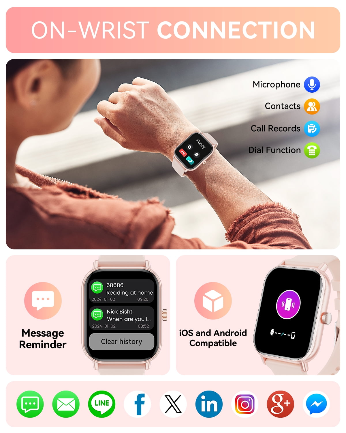 Haulvean 2025 New 1.85-inch Smart Watches for Women, with Answer/Make Calls/100 Sport Modes, Fitness Tracker Watch, Fits for Android and Iphone Devices（Pink）