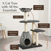 PetPals 49H 4-Lvl Cat Tree with Handwoven Condo and Nest Bed, Sisal Scratching Posts, Black/white