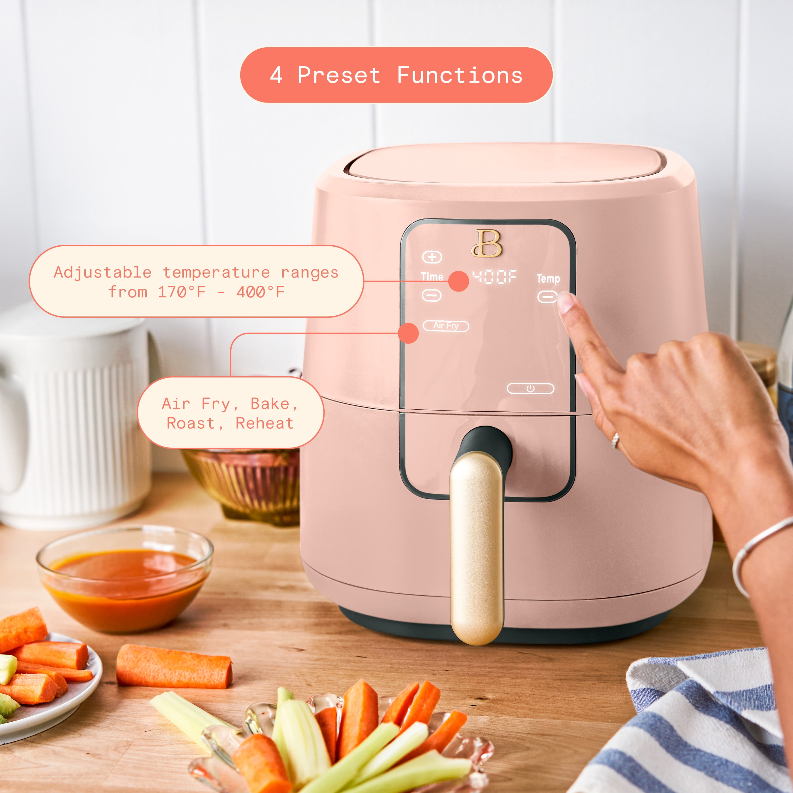Beautiful 3 Qt Air Fryer with TurboCrisp Technology, EverGood Ceramic Nonstick Coating, Rose by Drew Barrymore