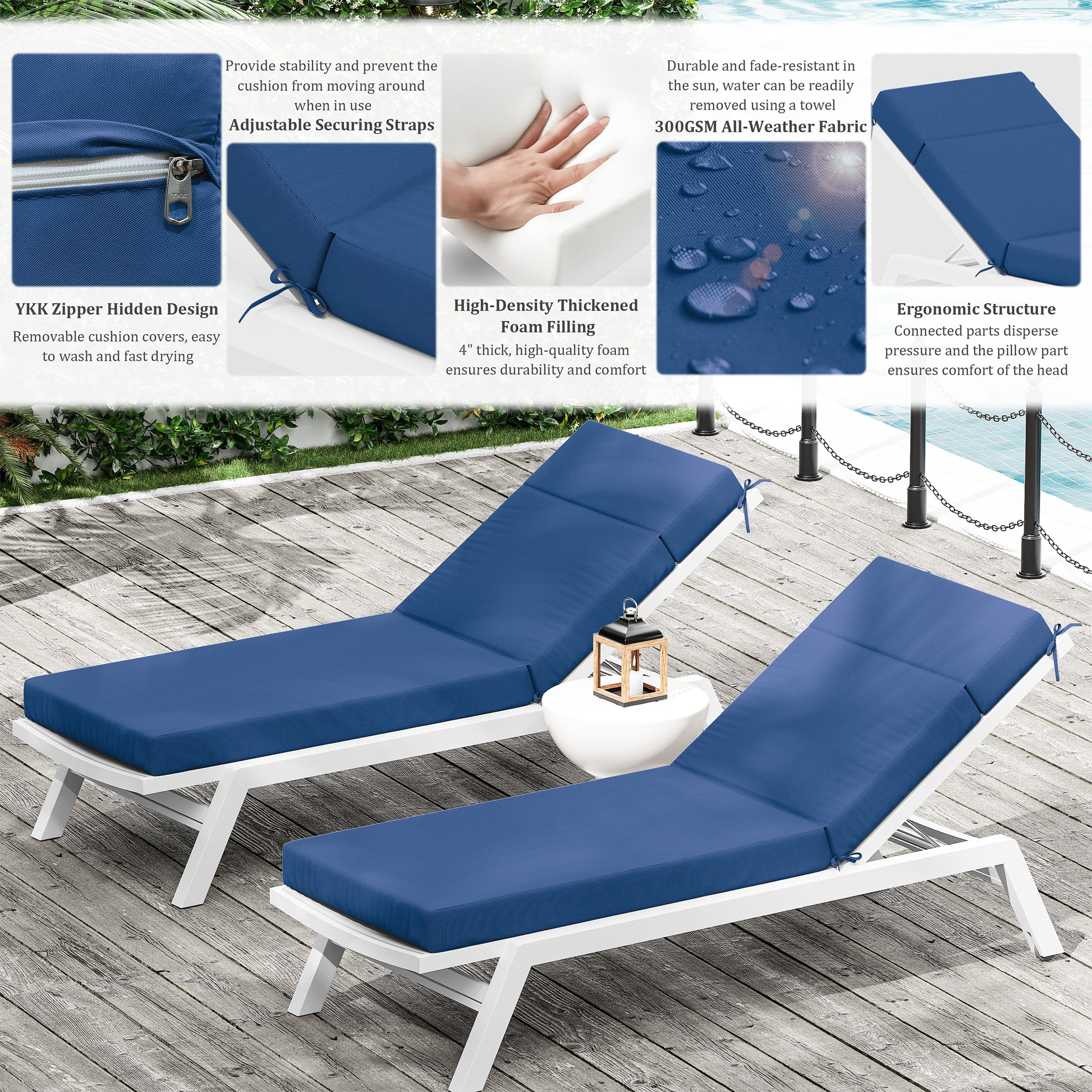 Pakunoda Chaise Lounge Cushions 72" x 21" x 4" Outdoor High-Density Foam Patio Furniture Lounger Replacement Cushions with Zipper Ties Water-Resistant for Pool, Blue
