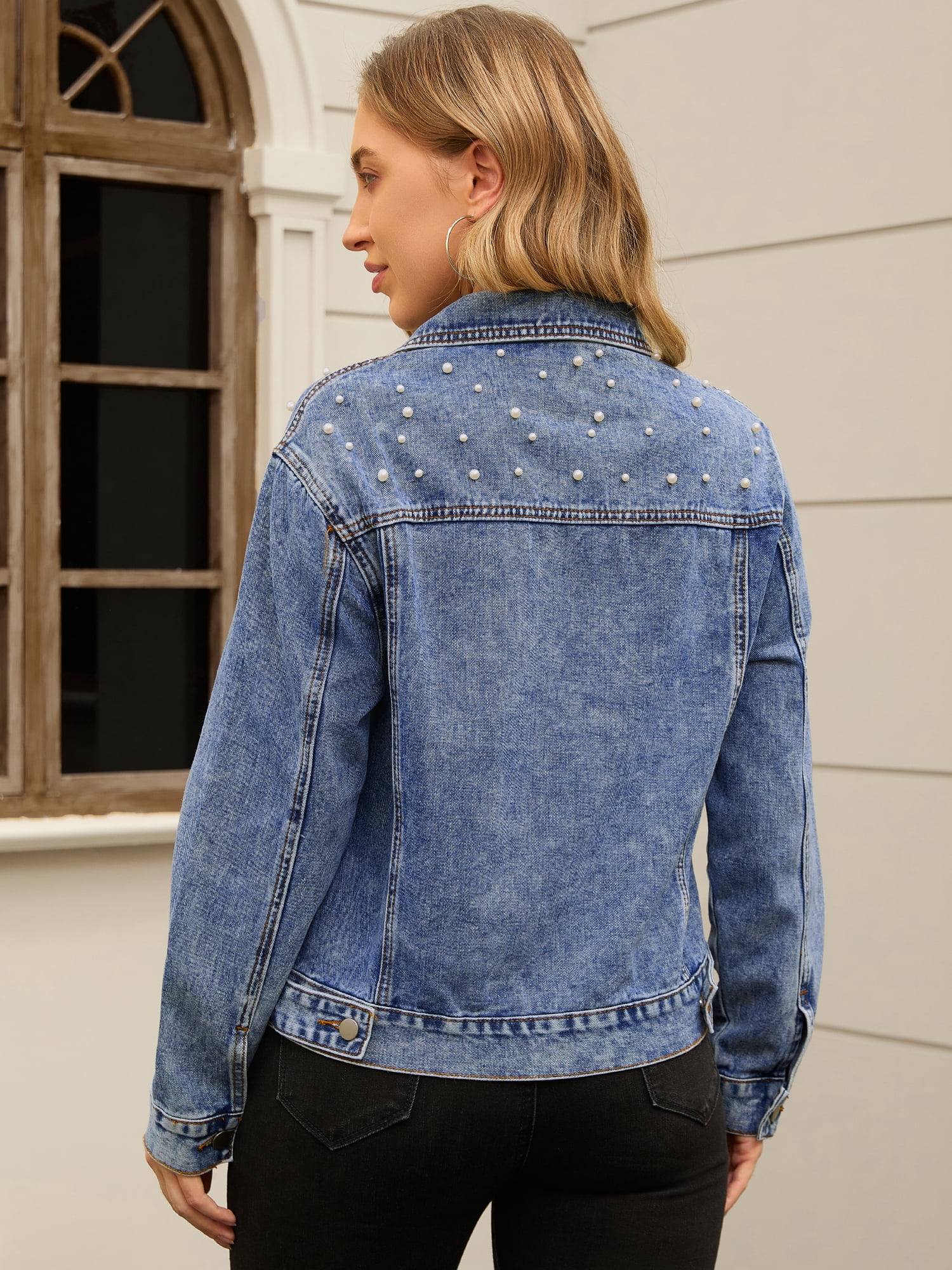 Unique Bargains Women's Jean Jacket Long Sleeve Button Up Denim Jackets M Blue