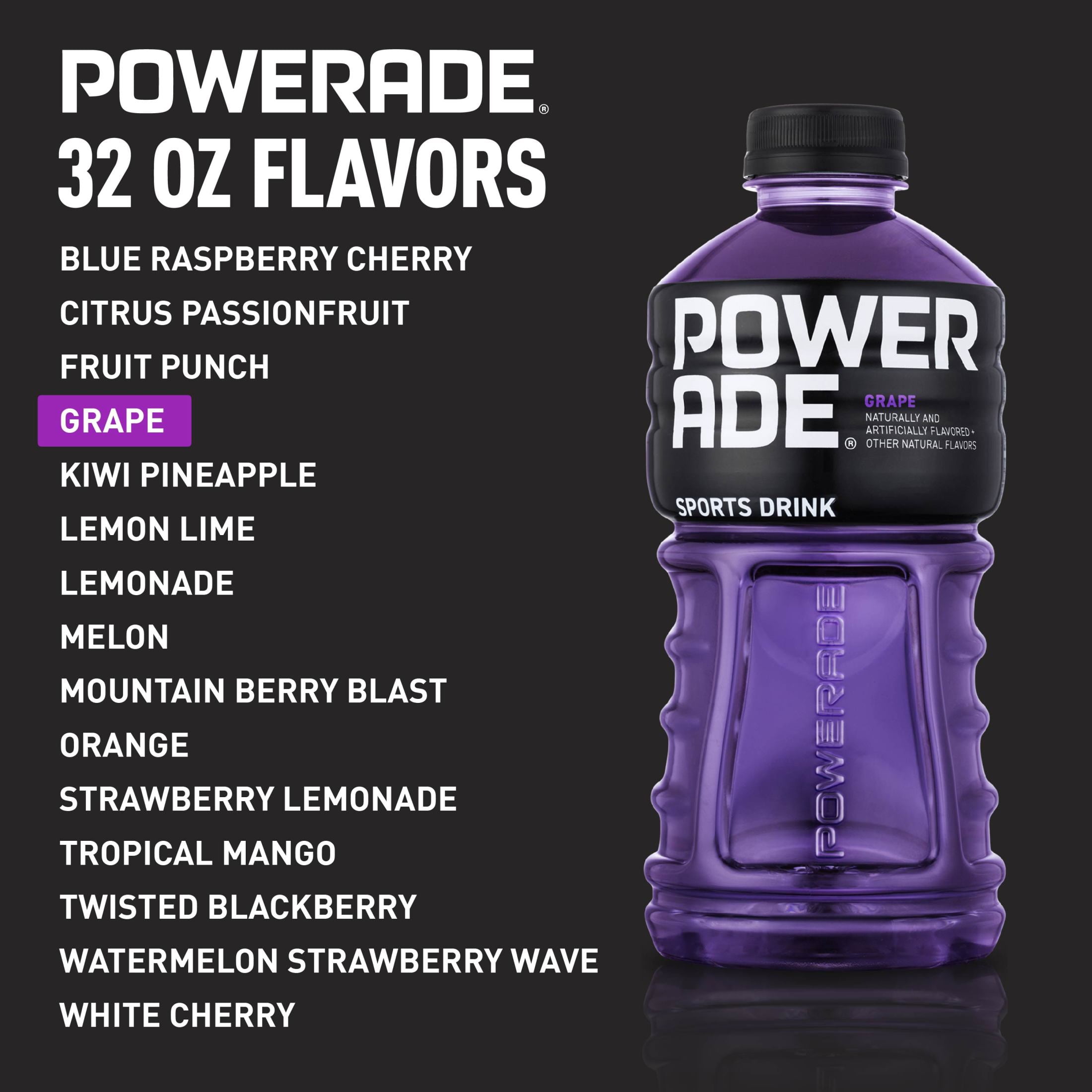POWERADE Grape, ION4 Electrolyte Enhanced Fruit Flavored Sports Drink w/ Vitamins B3, B6, and B12, Replenish Sodium, Calcium, Potassium, Magnesium, 32 fl oz