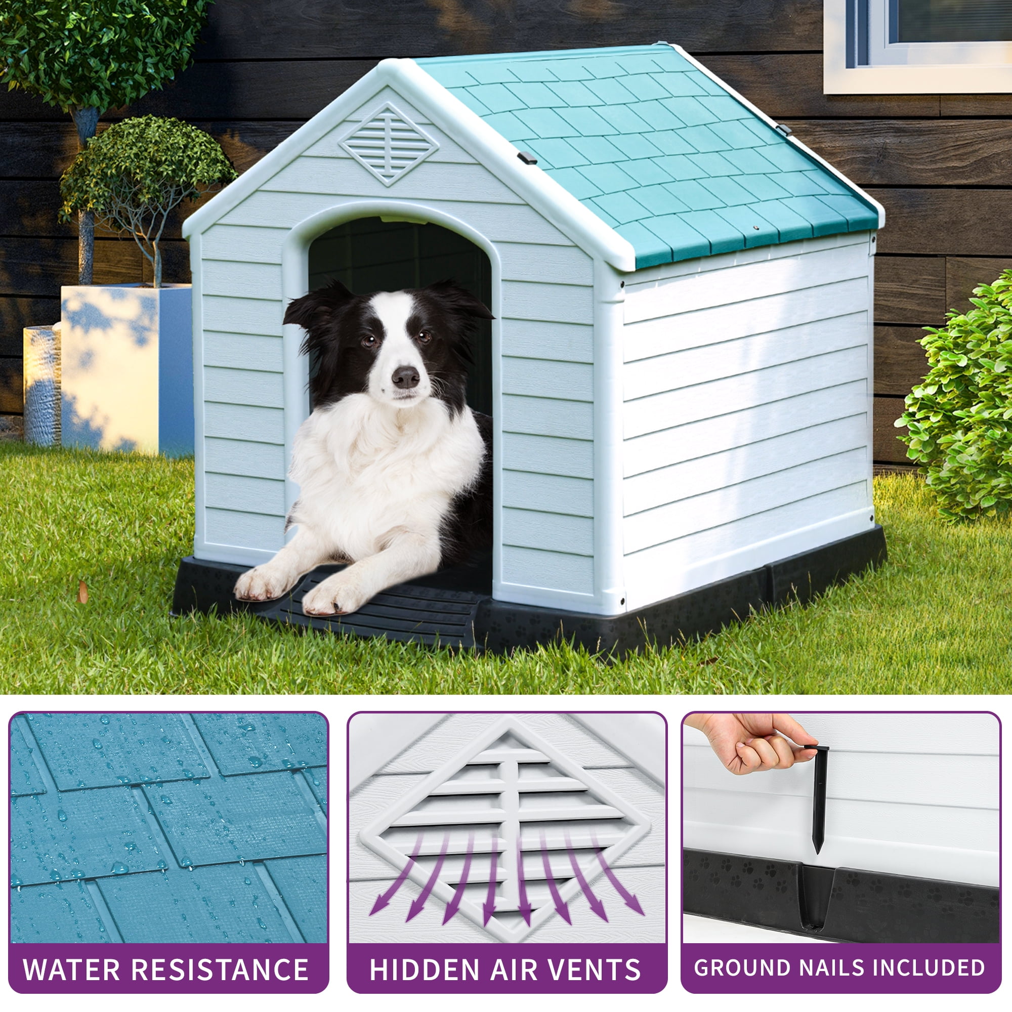 Dextrus Large Plastic Dog House Outdoor Indoor Dog Puppy Shelter Water Resistant with Air Vents and Elevated Floor (41''L*38''W*39''H, Blue)