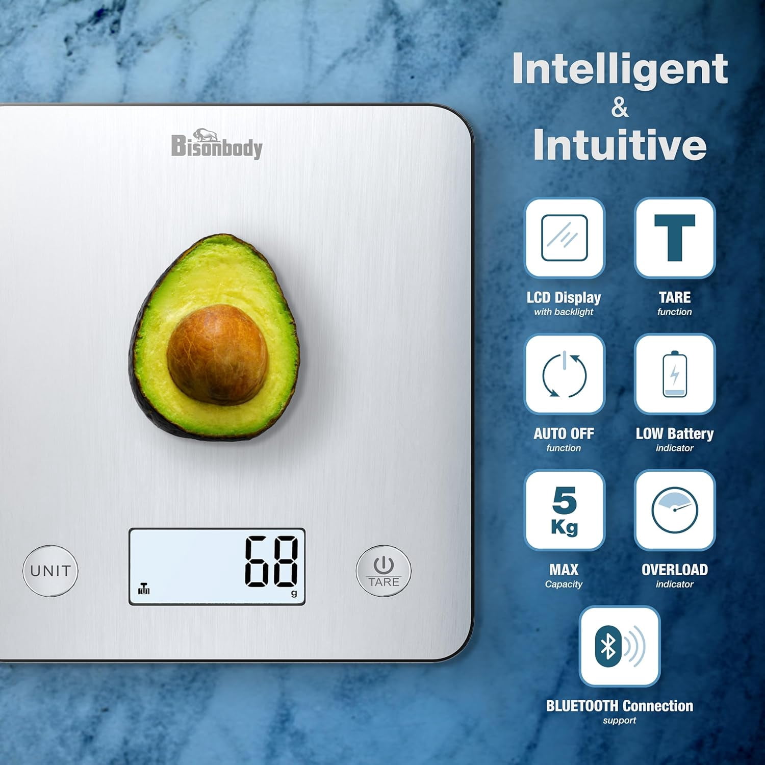 Bisonbody Digital Food Kitchen Scale with Smart App â Large Kitchen Scale with 201 Stainless Steel Surface 5 Unit Conversions â Digital Kitchen Scale App to Track Nutritional Information