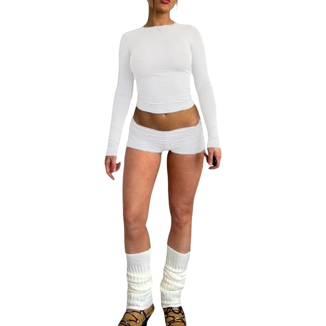 Diconna Ensemble de Vêtements pour Femmes Shorts Automne Couleur Unie Ajusté Col Rond Manches Longues Crop Tops Shorts 2 Pcs