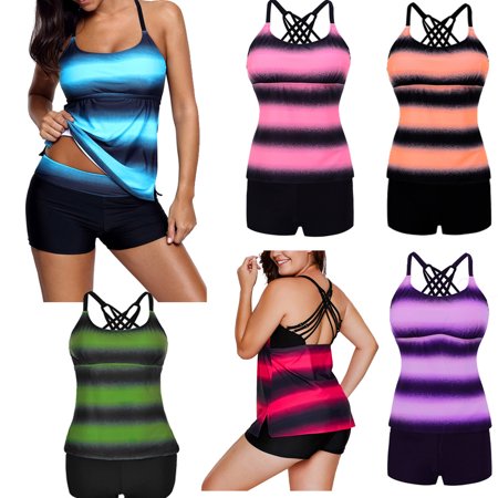 2pcs/set Women Sexy Gradient Color Large Size Bikini Suit Gradient（Sling Tops + Shorts (Best Swimwear For Large Bust)