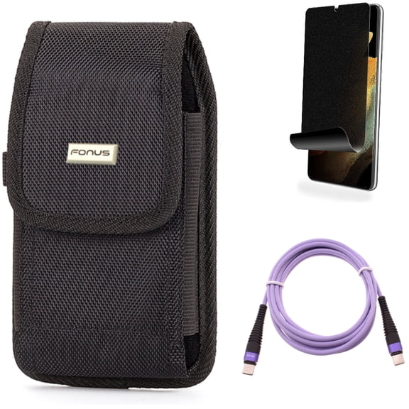 Purple 10ft PD Cable & Privacy Screen Protector & Case Belt Clip for Samsung Galaxy S21 Ultra Phone - Type-C to USB-C Fast Charger Cord & TPU Film Fingerprint Works & Rugged Accessory Bundle