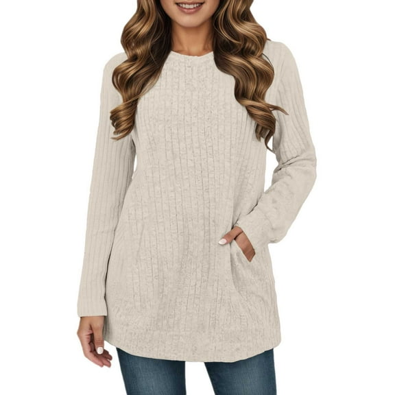 Lightweight Sweaters for Women Round Neck Long Sleeved Solid Color Pullover Fall Outfits Clothes,Beige,L
