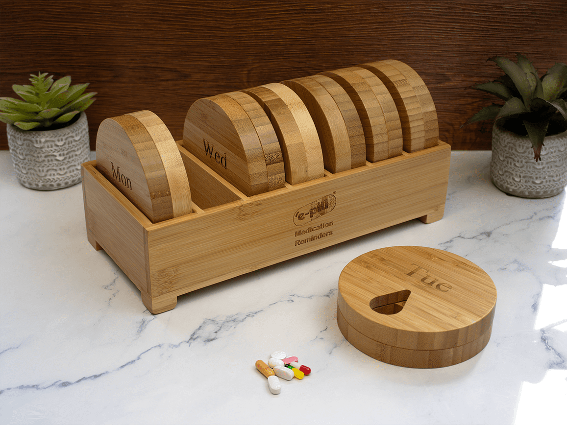e-pill Bamboo Weekly Pill Organizer, 7 Day Pill Box for Tablets, Vitamins or Supplements