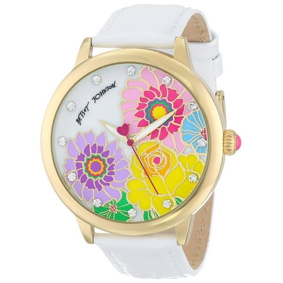 Betsey Johnson BJ00280-12 Women's Floral White MOP Dial White Leather Strap Watch