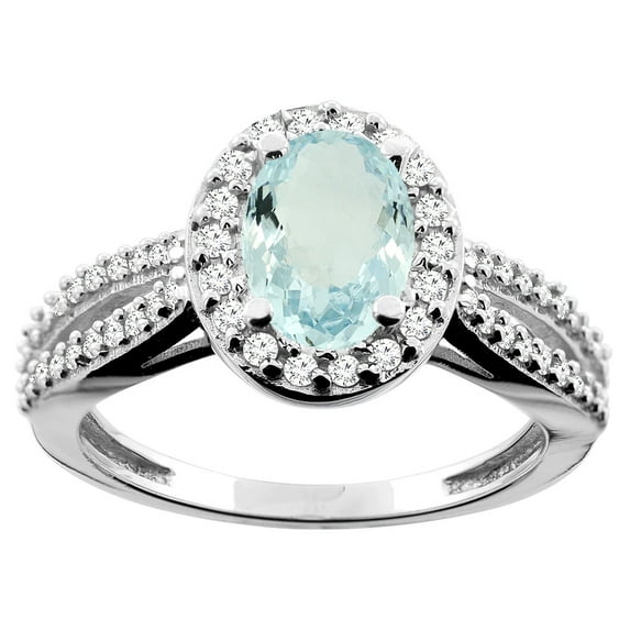 14K White Gold Natural Aquamarine Ring Oval 8x6mm Diamond Accent, size 7