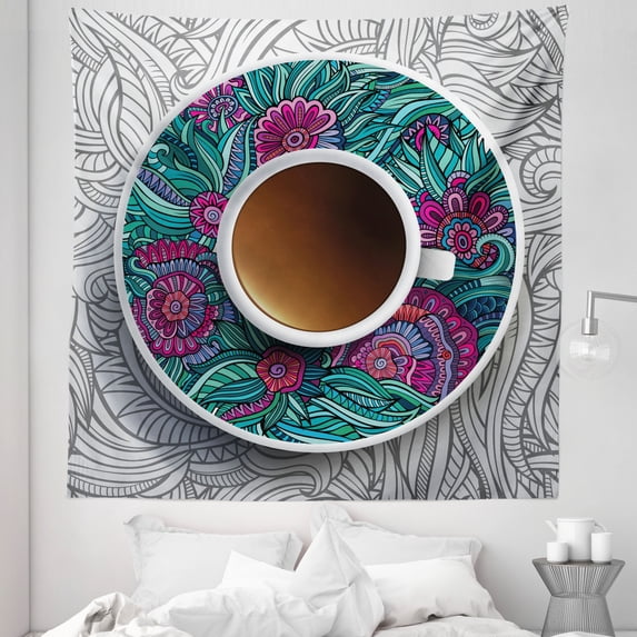 Coffee Tapestry, Drink Herbal Tea Service Chat Happy Calming Time Floral Detailed Image Print, Fabric Wall Hanging Decor for Bedroom Living Room Dorm, 5 Sizes, Multicolor, by Ambesonne