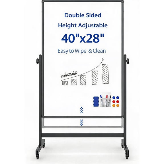 GOCAPTAIN Double-Sided Rolling Whiteboard for Office Home Training, Magnetic Dry Erase Board on Wheels, Height Adjustable Stand, Reversible Surface for Presentations - Black, 40"x28"