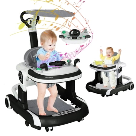 Adjustable Baby Walker With Activity Station & Musical, Developmental Walkers For Babies, Removable Steering Wheel, Black
