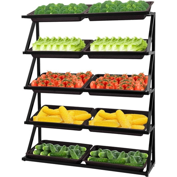 LOYALHEARTDY 5 Tier Retail Display Rack Market Shelf, Fruit Vegetable Storage Basket Stand Fruit Vegetable Snack Retail Basket Rack Set for Kitchen, Office, Store, Supremarket (Coffee Basket)