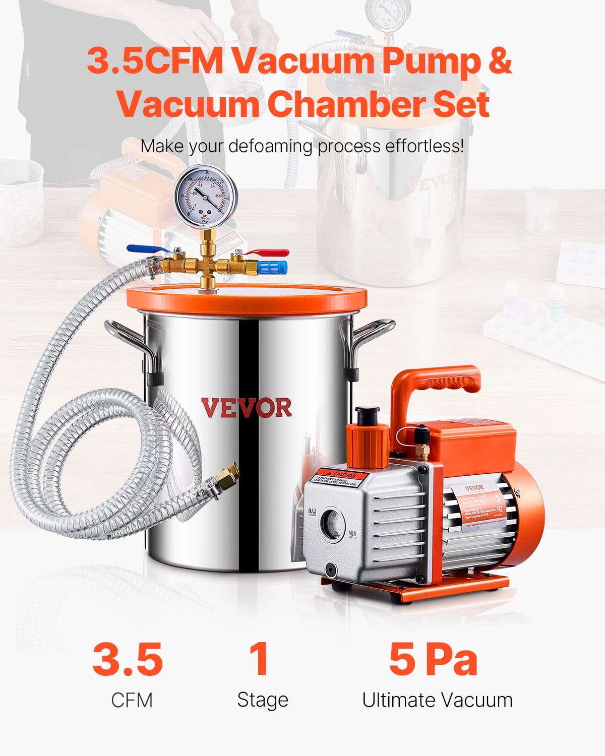 VEVOR 3 Gal Vacuum Chamber and 3.5 CFM Pump Kit, Stainless Steel Chamber, Single Stage Vacuum Pump Degassing Chamber Kit, with Acrylic Lid, Oil, 4.92 ft Hose, for Degassing Resin Silicone Epoxies
