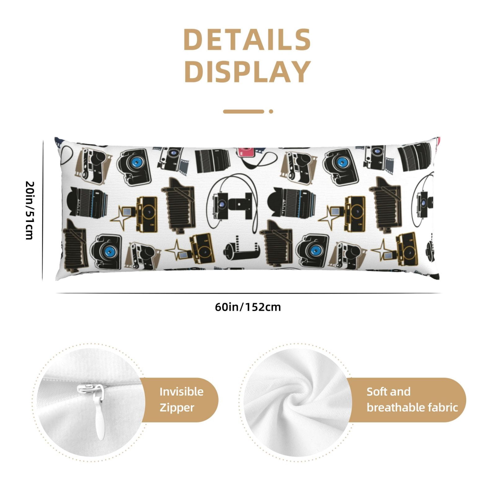 Naloa Cool Camera Super Soft 20x60 Body Pillow Case,Long Side Hidden Zipper（PILLOWS ARE NOT INCLUDED）