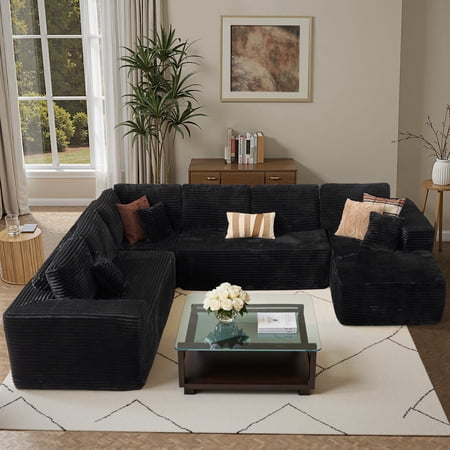 Ovios 135'' x 107'' U-Shaped Oversized Sectional Sofa Modern Modular Cloud Couch with Deep Seat Plush Corduroy Upholstered Large Comfy Sofa for Living Room, No Assembly, Black