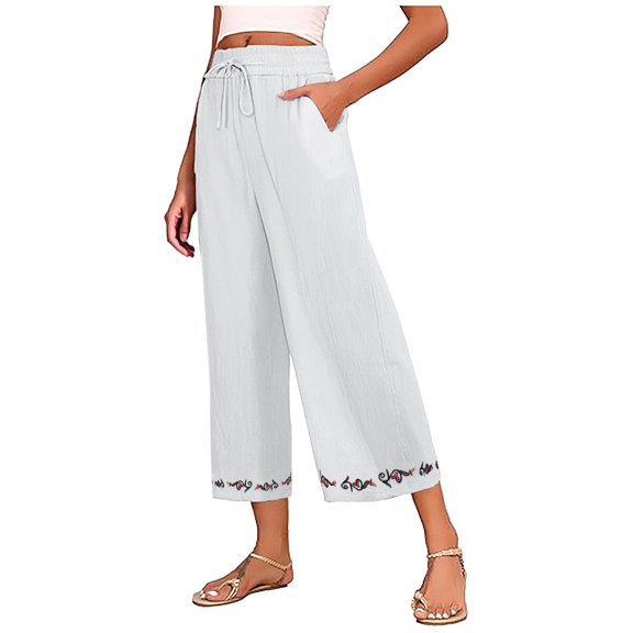 Tnhcen Women's Fashionable Wide-Leg Embroidered Pants - 2025 New Casual Drawstring Elastic Waist 9-Inch Hem Cotton-Linen Blend Wide-Leg Trousers S-2XL