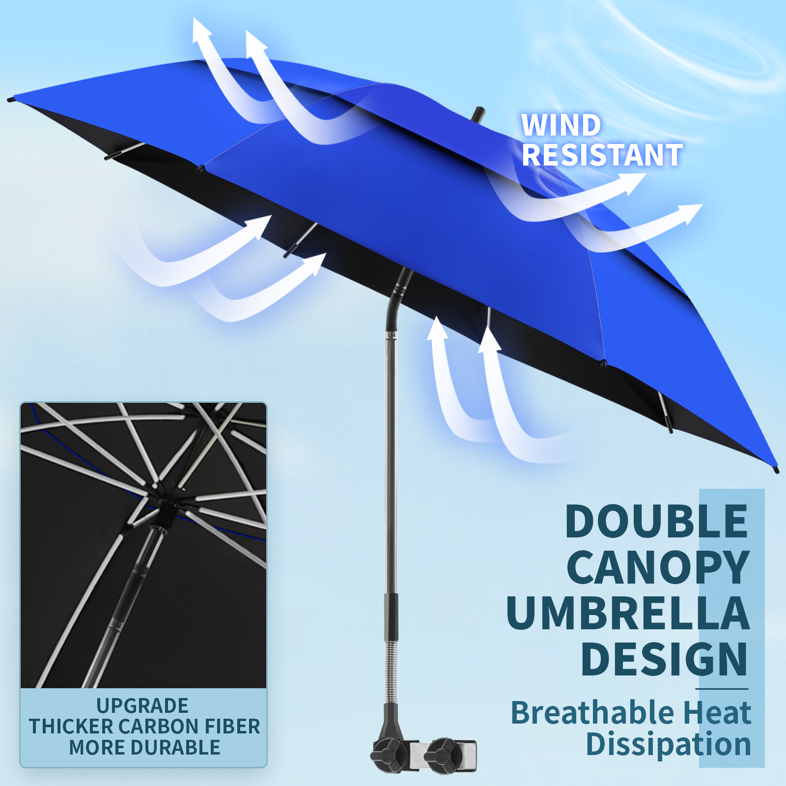 2 Pack 48.6" Double Canopy Umbrella with Clamp, UPF50+ Beach Chair Umbrella with clip, 360°Adjustable Portable Outdoor Wheelchair, Patio, Golf Carts,Camping(Blue, Not Include Chair)