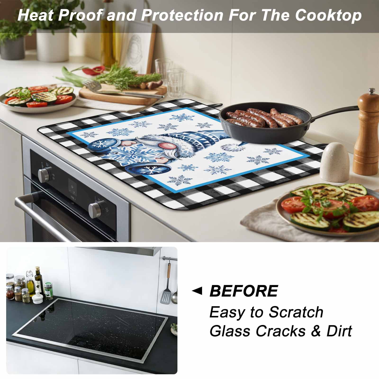 Christmas Stove Top Cover for Electric Stove, Heat-proof & Non Slip Glass Top Stove Cover Protector, Winter Blue Snowflakes Gnomes Black Plaid Kitchen Flat Cooktop Rubber Mat 24x21 Inches