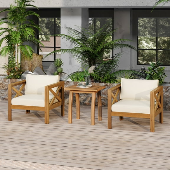 Christopher Knight Home 3-Piece Outdoor Wood Bistro Set, Armchair with End Table, Beige Cushion