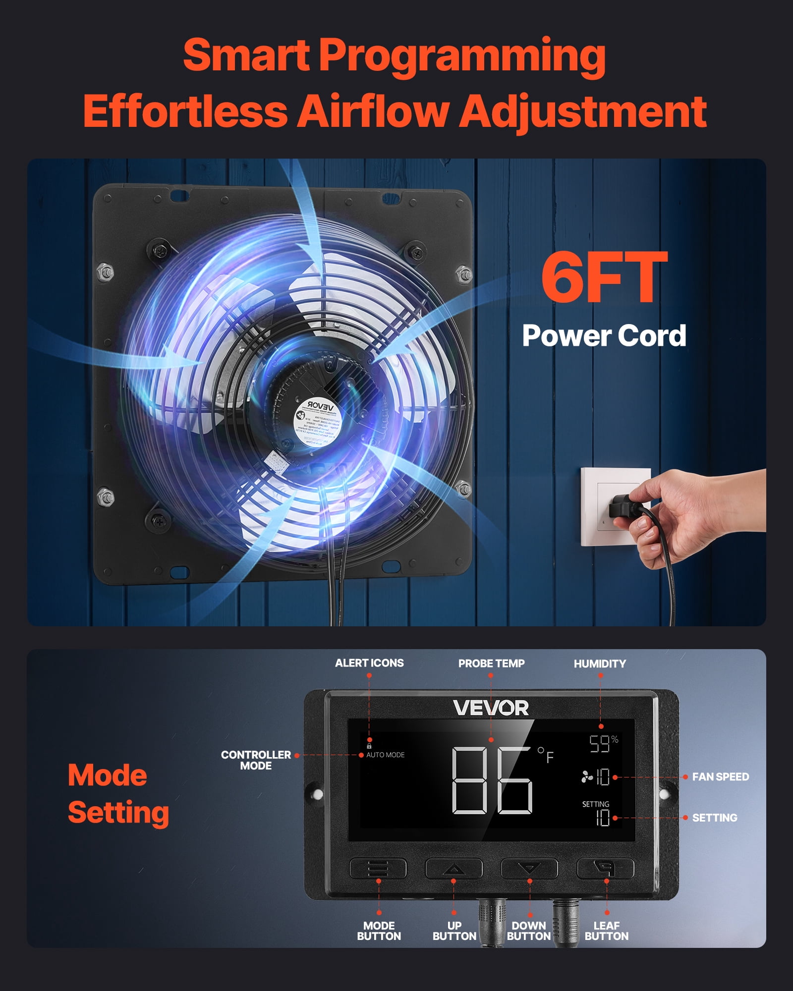 VEVOR 12 inch Shutter Exhaust Fan, Wall Mounted Attic Vent Fan with Smart Programming Variable Speed Temperature Control, 1500 CFM,EC Motor,Timer, for Shed,Garage,Greenhouse Ventilation Cooling