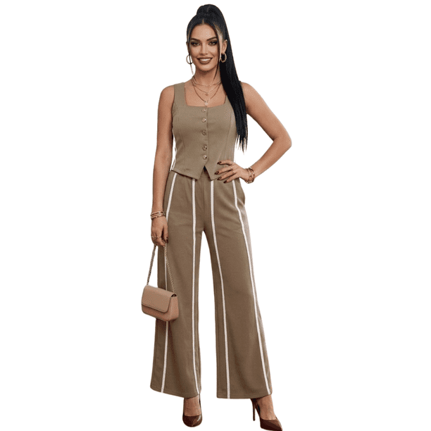 Conjunto 2 Piezas Elegante, Top Ajustado con Botones y Pantalón Palazzo con Rayas, Look Chic y Estilizado para Mujer