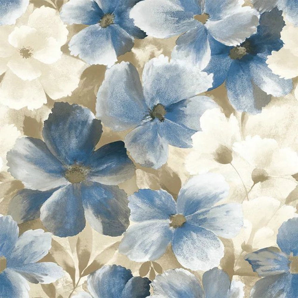 Romance in Bloom Flower Checkerd Floral Blue Tile on White Double Roll Wallpaper 