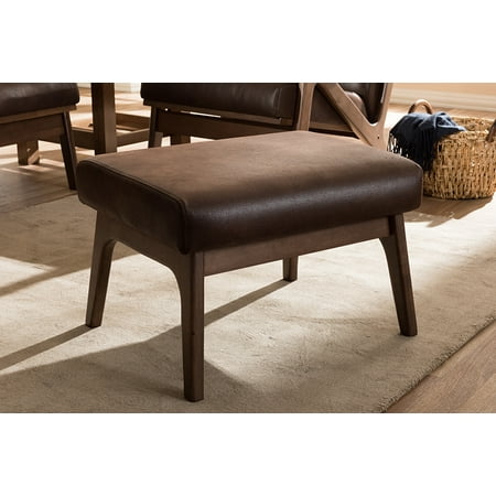 Ottoman Wood Baxton Studio Bianca Mid-Century Modern Walnut Wood Dark Brown Distressed Faux Leather Ottoman ()