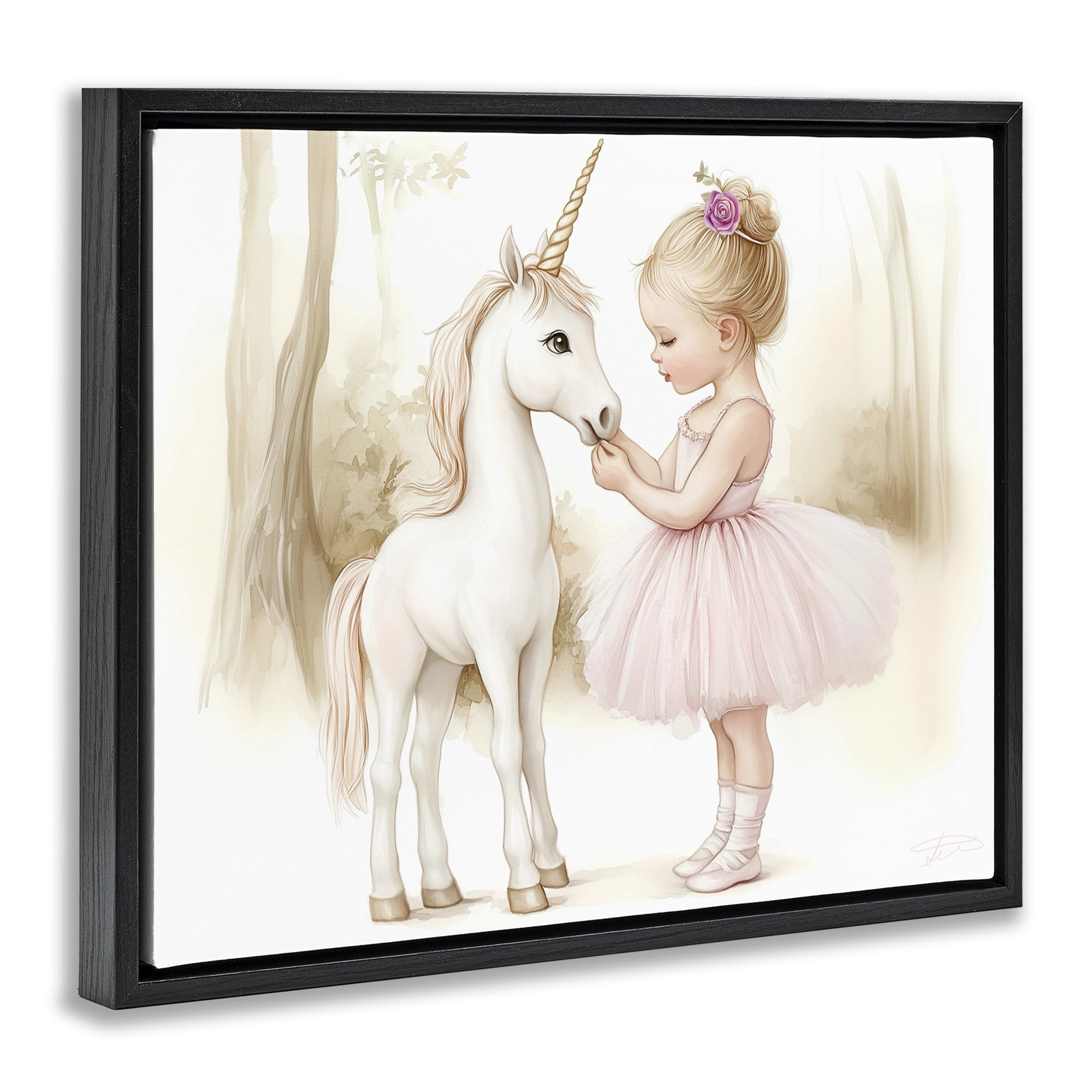 Stupell Industries Girl & Unicorn Friendship Black Framed Floater Canvas Wall Art, design by Whimsical Wonders
