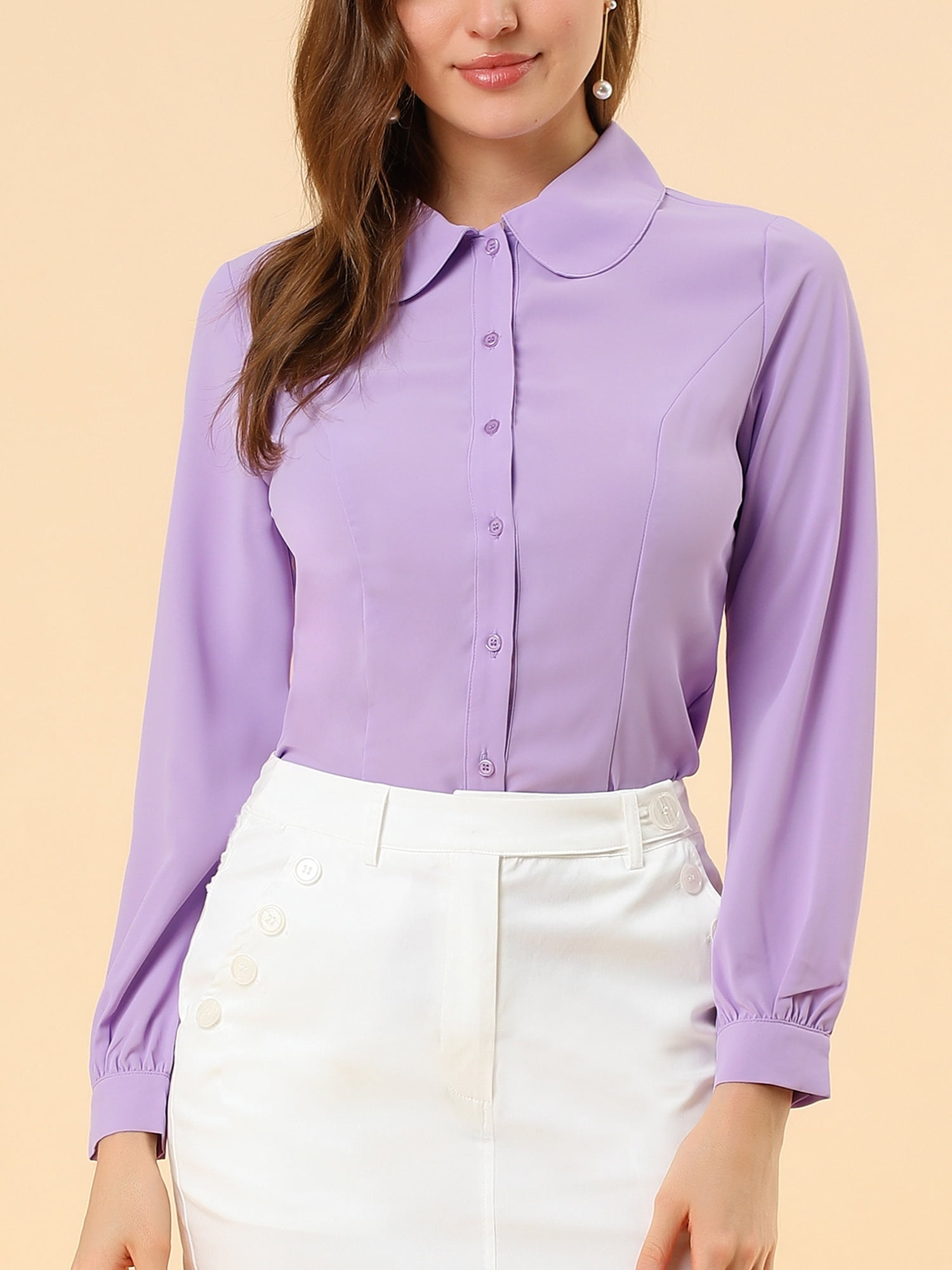 DARING DIVA Women's Peter Pan Collar Long Sleeve Button Down Work Shirts XL Purple