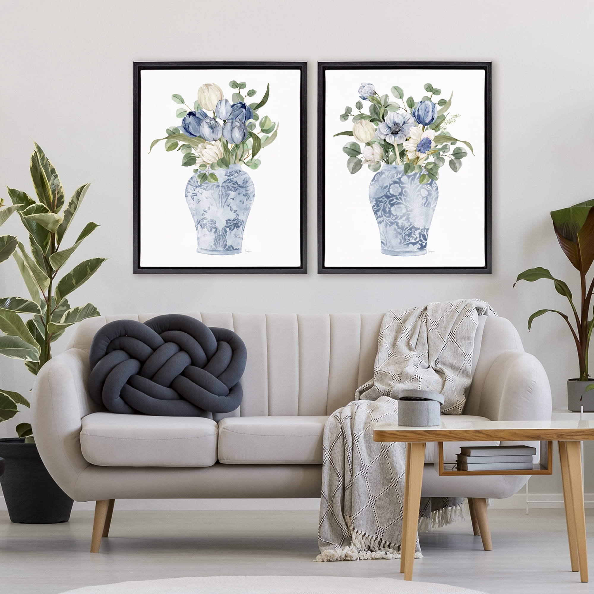 Stupell Industries Ornate Vase Tulip Collection 2 Piece Black Framed Floater Canvas Set, design by Livi Finn