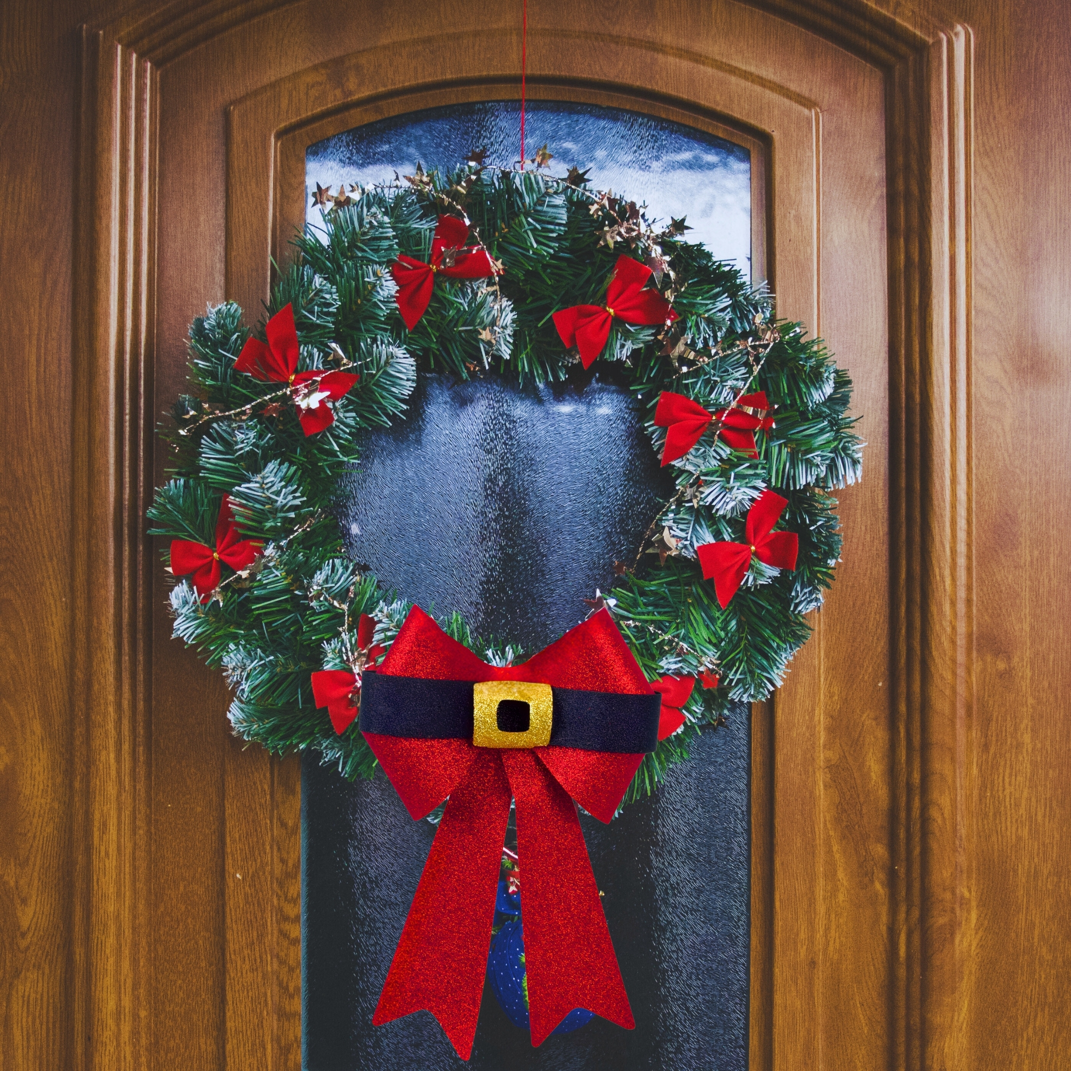 4-Pack Large Red Glitter Santa Belt Bows, 13in. x 9in. Christmas Decorative Ribbon with Black Belt and Gold Buckle for Door Wreaths Garlands Trees Holiday Decor