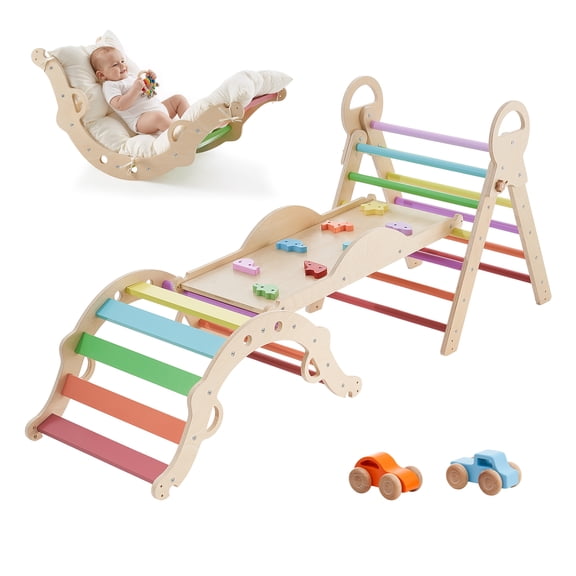 KFFKFF 9-in-1 Toddler Climbing Toy Set, Indoor Play Equipment with Wooden Cars, Cushion, Triangle, Arch, and Ramp, 150 lbs Capacity, Foldable Montessori-Inspired Climbing Set for Kids, Rainbow Design