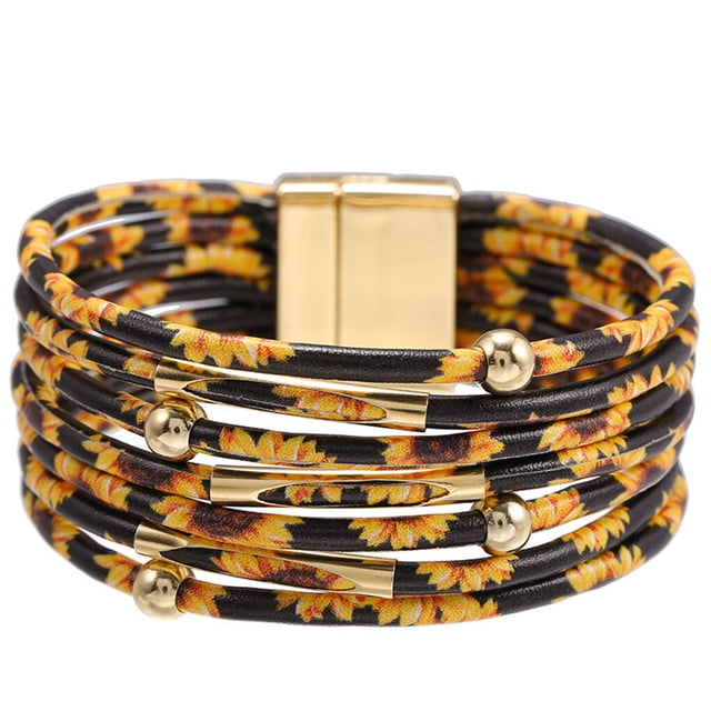 QualitChoice Bracelet Multi-layers Magnetic Buckle Leather Multi-colored Leopard Print Valentines Day Gifts Bracelets Hand Jewelry Chrysanthemum 1Set