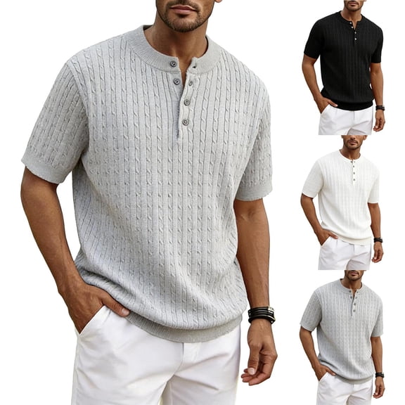 Men's Textured Knit Henley Sweater, Breathable Loose Fit Cable Knit Design, Short Sleeve Casual Knitwear for Summer Beach Vacation and Everyday Wear, Sizes S-2XL White
