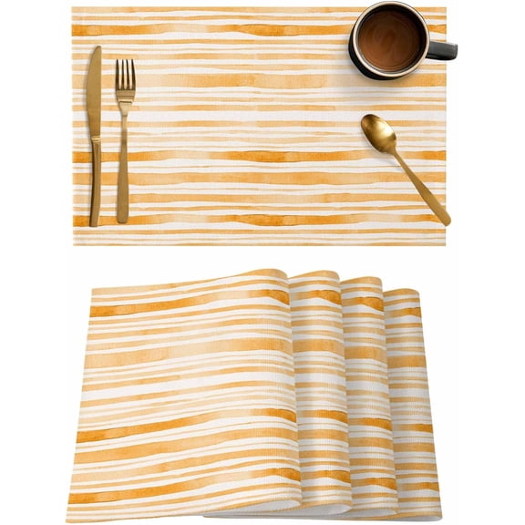 Solid Orange Color Placemats Set of 6,Washable Woven Burlap Cloth Fabric Placemat for Square/Rectangle/Round/Oval Dining Table,Easy Clean Place Mats for Toddlers,Kids Modern Geometric Abstract Stripes