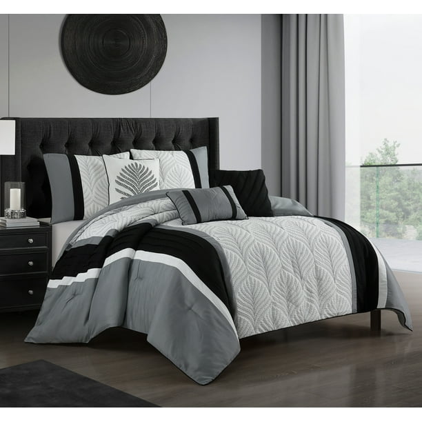 Lanco Lucy Leaves Floral 6Piece Comforter Set, Black, Queen, 100