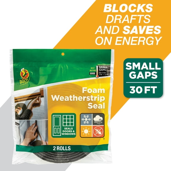 Duck Brand Black Foam Small Gap Weatherstrip Seal, 0.375 in. x 0.188 in. x 30 ft., 2 pack