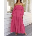 thumbnail image 3 of YOGAFOX Women's Boho Off Shoulder Long Sleeve Smocked Side Split Flowy A Line Maxi Dress S-XXL, 3 of 5